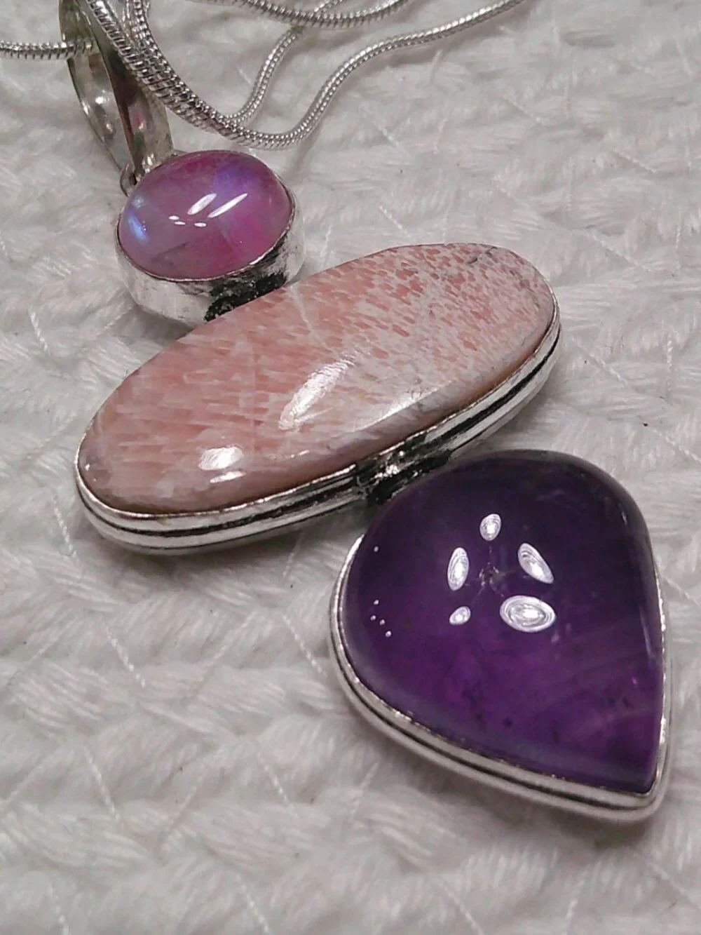 Gorgeous SCOLECITE, AMETHYST & RAINBOW MOONSTONE Handmade Sterling 925 Necklace